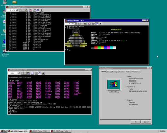a screenshot of WSL9x running on Windows 95. Three MS-DOS prompts are open running WSL9x ptys. The focused one is running fastfetch, showing basic machine information and a nice ansi coloured penguin. Other windows show the output of ps, ls /dev, mount, uname -a, and tty.