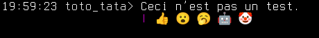 Screenshot of a terminal with a message from "toto_tata" saying "Ceci n’est pas un test" and emojis displayed below