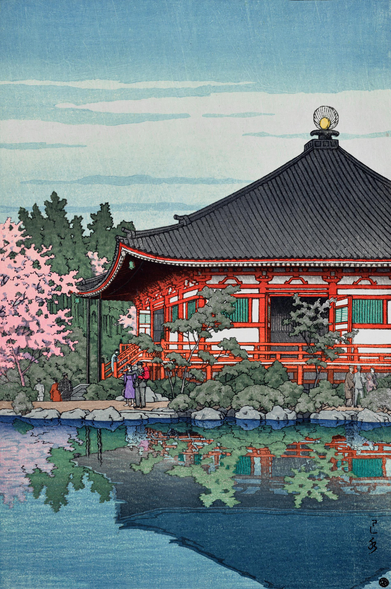 A fine spring day at Kyoto's Daigo-ji temple. Visitors in modern dress admire the gardens around the Kannondo temple hall. Above, a few wispy white clouds cross the bright blue sky; in the foreground, the still surface of a pond reflects the scene.