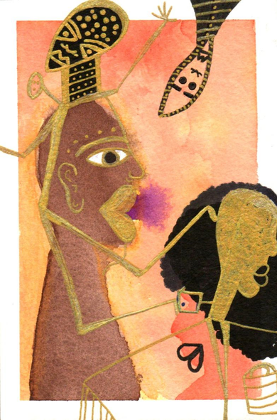 picture is a black  person’s profile either purple smoke coming out of their mouth with another black person turning their back with an Afro, orange background and some gold details with other people.