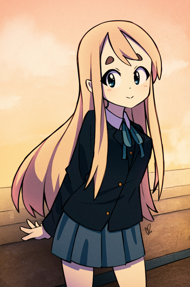 Fanart of Mugi from K-On standing on top of the school rooftop at sunset.