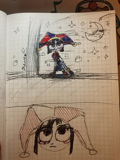 Une page de carnet à petits carreaux contenant deux dessins à l'encre et au feutre.
 * **Dessin supérieur :** Un personnage de bouffon en pied avec un chapeau à grelots bleu, rouge et jaune, de grands yeux et des vêtements colorés. Le personnage se tient près d'un grand pilier hachuré au crayon gris. Le fond est décoré de petites étoiles, de bulles, de formes géométriques et d'un croissant de lune avec un visage. Une signature verticale, semblable à "Babette" suivie d'un petit cœur, se trouve sur la gauche.
 * **Dessin inférieur :** Un gros plan du visage de ce même personnage. Son chapeau de bouffon est hachuré de lignes diagonales rouges. Le visage présente de grands yeux sombres avec des reflets rouges, des cheveux noirs encadrant le visage, des marques rouges sur les joues et une petite bouche dessinée d'un trait droit, lui donnant une expression neutre.
