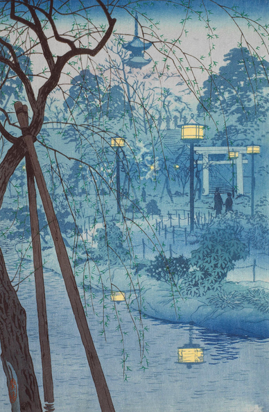 A misty spring evening in Tokyo's Ueno Park. In the foreground, leaves are just beginning to appear on the wiry, drooping branches of a weeping willow tree. Just beyond, past the edge of Shinobazu Pond, tall lanterns illuminate a footpath leading through the park; further on, a torii gate backed by tall trees marks an entrance to Ueno Toshogu shrine. In the distance, the upper sections of the five-story pagoda of Kaneji Temple clears the tops of the trees, rising into a rose-tinted evening sky.