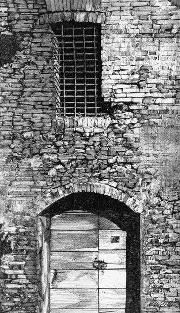 Detailed pen drawing of a very old, badly deteriorated and repaired brick wall. At the top, a window with a grille. Below, a door made of horizontal wooden planks closes an entrance with a semicircular arch.