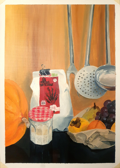 Oil painting showing a kitchen counter with a pumpkin, flour and a sourdough starter in a recycled jam jar, metal kitchen utensils hanging against the wall, and a brown paper bag of various fruit: grapes, a pear, and kakis.