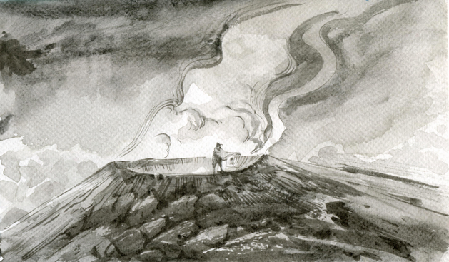 woman with cape standing in front of fuming volcano, drawn in ink by Honora Niwlcraft.
