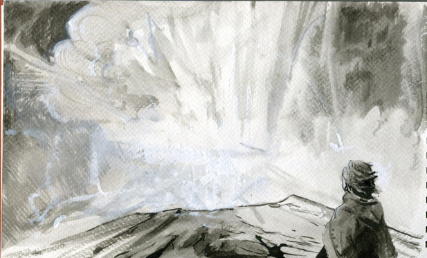 woman with cape standing in front of fuming volcano, drawn in ink. There is also an asbtract aparaition of a sprit of god.