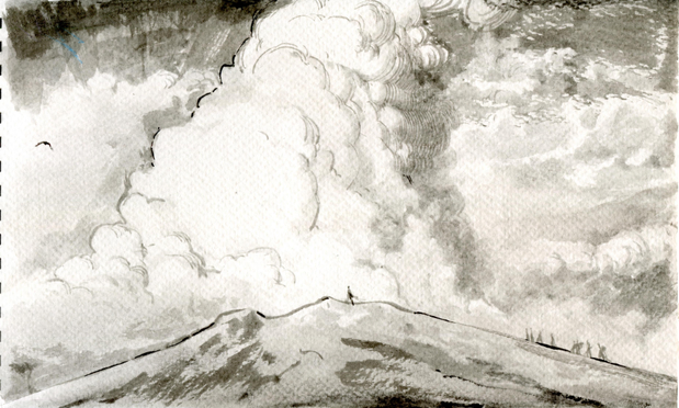 woman with cape standing in front of fuming volcano, drawn in ink by Honora Niwlcraft. there is also a group of people who she belongs to.