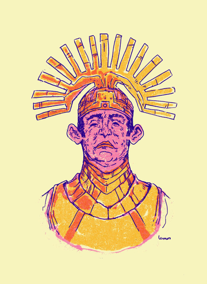 Drawing of a warrior with a helment resembling a centurion
