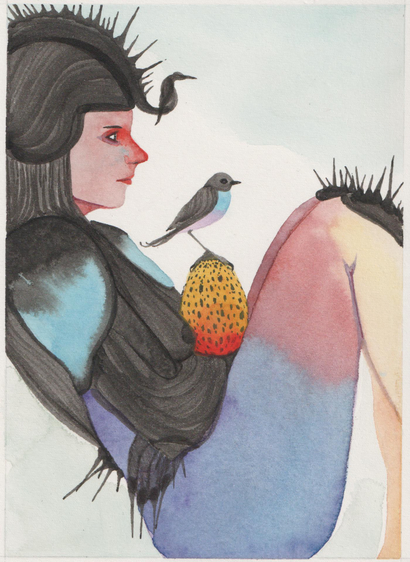Dessin d'un personnage assis de profil, un gros oeuf tacheté contre la poitrine avec un petit oiseau dessus