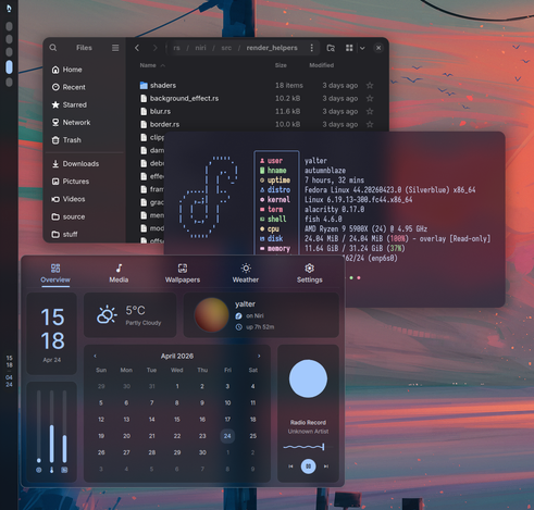 Screenshot showing blurred background behind a DankMaterialShell pop-out, Alacritty, and Nautilus sidebar.