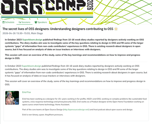 A screenshot of Eriol's talk description and profile info and image from the OGG Camp website.