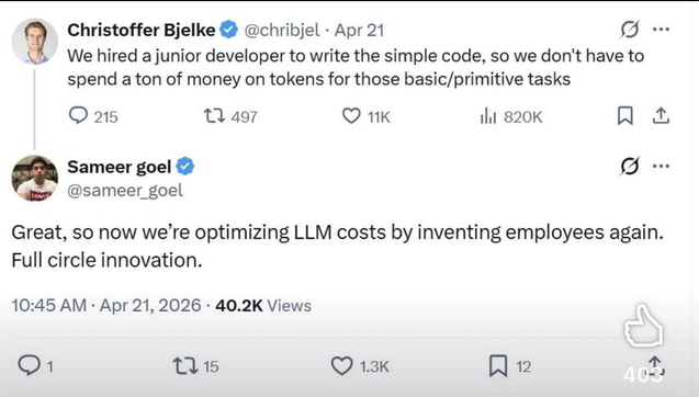 Christoffer Bjelke @chribjel.Apr 21

We hired a junior developer to write the simple code, so we don't have to spend a ton of money on tokens for those basic/primitive tasks


Sameer goel @sameer_goel

Great, so now we're optimizing LLM costs by inventing employees again. Full circle innovation.

10:45 AM Apr 21, 2026 40.2K Views