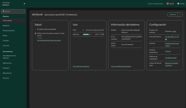 interfaz de cockpit mostrando diferentes configuraciones y menus del sistema openSUSE