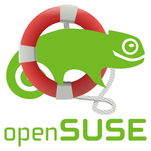 Se ve el camaleón mascota de openSUSE dentro de un flotador salvavidas.
