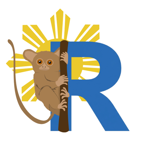 A logo for PinasR featuring a Philippine Tarsier clinging to a blue letter R, with the Philippine sun radiating in the background