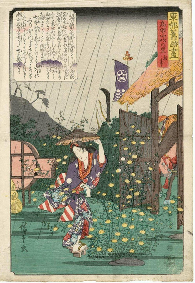 Woodblock print of a woman leaving her hut in the rain. Yamabuki bloom in her garden.

Image thanks🙇‍♂️-ukiyo-e.org