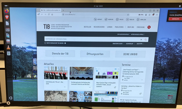 Der Ubuntu-Desktop eines öffentlichen Arbeitsplatzes in der TIB. Geöffnet ist Firefox mit der Startseite.