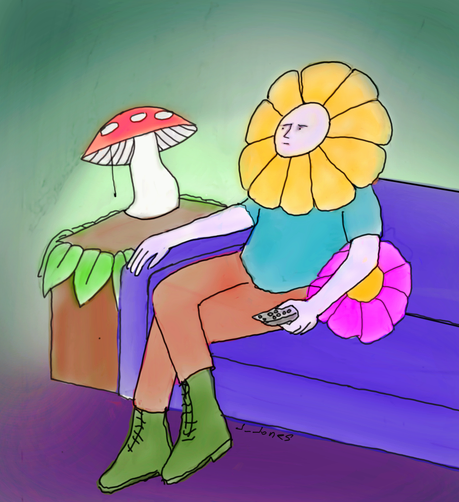 A cartoon dude relaxing on his purple couch. He's holdibg a tv remote and looks lost in thought. His face is surrounded by enormous yellow flower petals  Nearby is a lamp shaped like an amanita mushroom. There is a pink flower shaped throwpillow under his elbow.