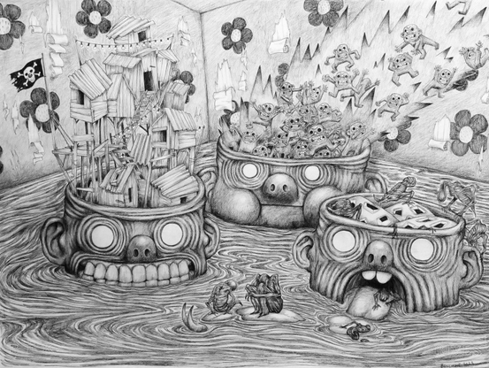 Picture of 3 heads in water with cabins and creatures popping out of their skulls.