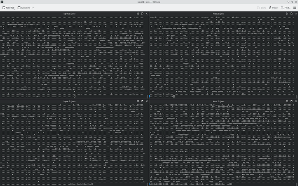Four parallel processes analyzing a single xml.gz file. The screenshot shows four white-on-black panels. When extracting IUPAC names, it writes an 'x' for each new article (up to 10 thousand in a single .xml.gz), and a '.' or 'o' for each paragraph (<p> element in the XML). A '.' for a paragraph without an IUPAC name, and a 'o' for one with at least one IUPAC name. It's mesmerizing to watch the progress of the analyses pass by (an animating would show it adds at least one line per second), tho I rather had it as matrix animations.