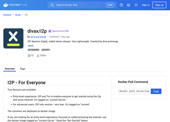 Docker Hub screenshot showing the instructions on how to use the diva-i2pd docker container and hence enabling users to to access i2p and tor sites and services. https://hub.docker.com/r/divax/i2p