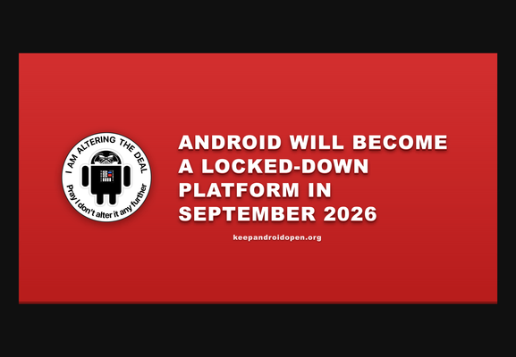 Your phone is about to stop being yours. In September 2026, Google will block every Android app whose developer hasn't registered with with Google, signed their contract, paid up, and handed over government ID.

Every app and every device, worldwide, with no opt-out.