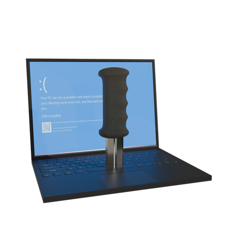 Laptop with a blue screen of death and a knife in it.