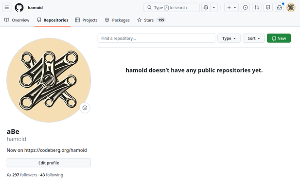 A screenshot of GitHub with the text "hamoid doesn't have any public repositories yet."