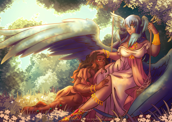 A warm afternoon beneath the foliage. A goddess with blue hair, tan skin and blue wings growing out of the sides of her head and her back is sitting on a swing. She's wearing golden jewelry and a long flowy off-white dress. Another woman is lying at her feet, dark skinned and with rich brown wavy hair, gazing up lovingly at her with her cheek resting on her thigh, while the goddess strokes her hair.