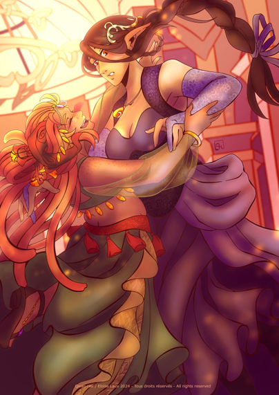 Two women dancing. The shorter one has ginger locks and is smiling with joy, while dragging the taller one (a dark-haired elf with a flustered look) in a dance.