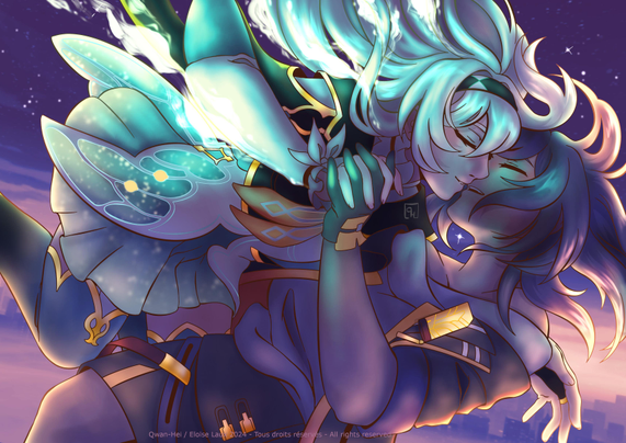 Firefly and Stelle from Honkai Star Rail. They're gently falling from the sky, kissing softly, backlit by the rising sun, the sky fading from purple to soft pink.