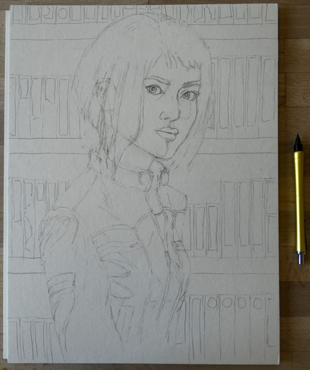 A pencil drawing, quite faint, of a young woman seen from front right, with hair cut to fall around the face but stop above the shoulders and cut up shorter at the back. She has East-Asian features. Her head is tilted very slightly down and she is looking at the viewer. She is wearing a biker jacket with zippered pockets on the front and the arm. Behind here are shelves with video tapes, their labels still blank.