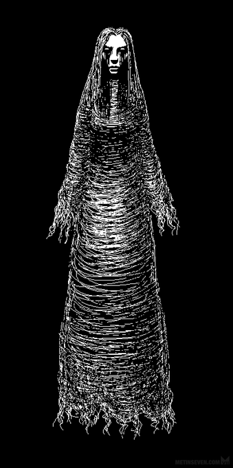 A creepy woman, floating in the dark, with bleeding eyes and a long, torn dress.
