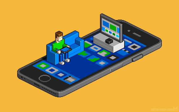 Isometric pixel illustration of a large iPhone. A character is sitting on a sofa on top of the iPhone's screen, next to an Apple TV box. The character is using an iPad, and wears an Apple Watch