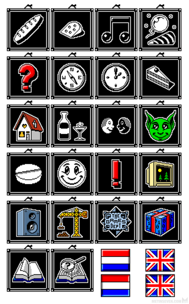 A range of black and white, cartoon-style icons, depicting various items, such as a crane, book, speaker, house, clock and more.