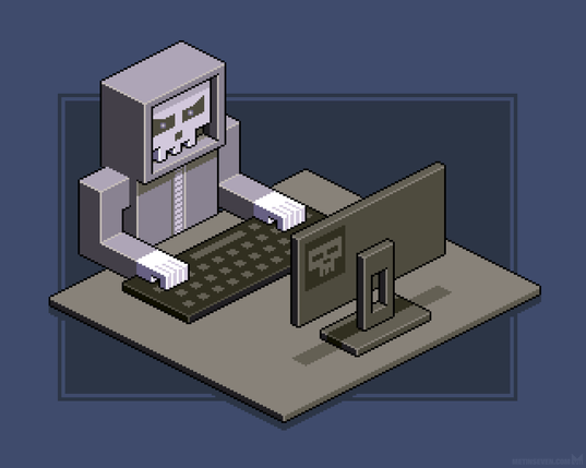 Isometric pixel artwork of an evil Black Hat hacker with a skull as his head, up to no good.
