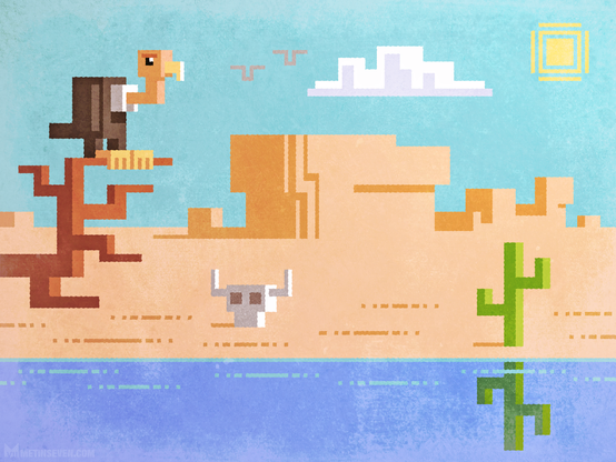 Pixel artwork of a desert scene with a vulture on a tree, a cattle skull, cactus and a distant canyon.