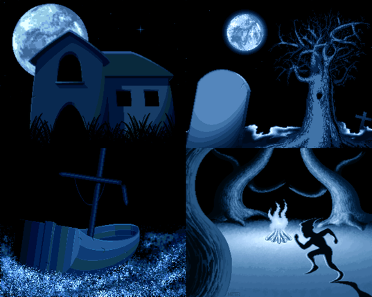 Four nightly pixel artworks, depicting a dark house, a grave next to a tree, an empty boat on a rough sea, and an elf dancing around a campfire in a forest.
