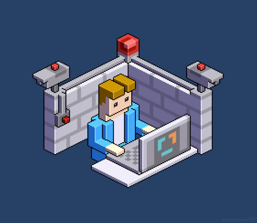 Stylized isometric pixel artwork of a character operating a rugged laptop in a protected environment, surrounded by walls and security cameras.