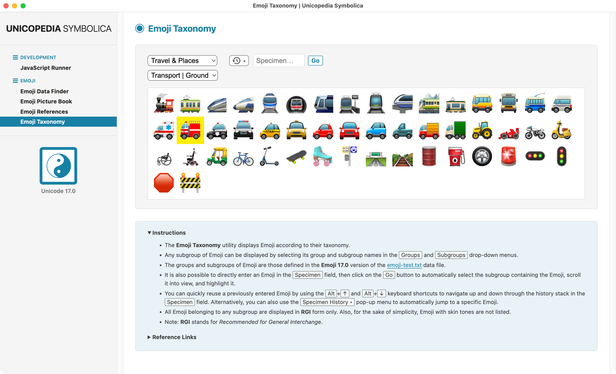 Screenshot of the Emoji Taxonomy utility of the Unicopedia Symbolica application