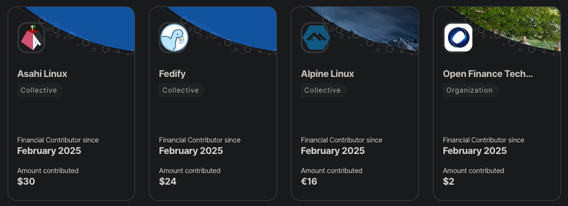 Shows my OpenCollective Contributions:
Asahi Linux: $30
Fedify: $24
Alpine Linux: €16
Open Finance Technologies: $2