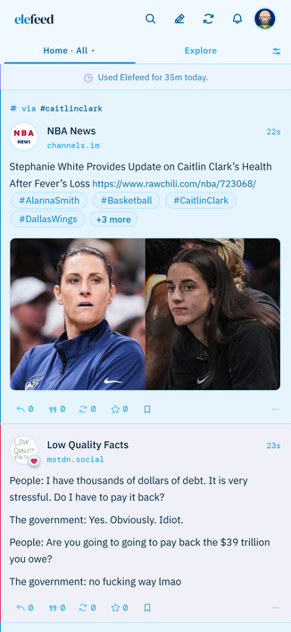 Elefeed mobile screen blue theme.
