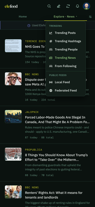 Elefeed mobile screen dark green theme. News view.