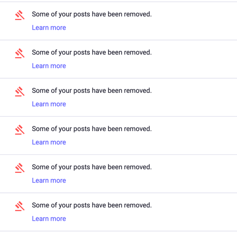 A screenshot of messages I've received today showing Mastodon's Toad Social removing multiple posts I've made