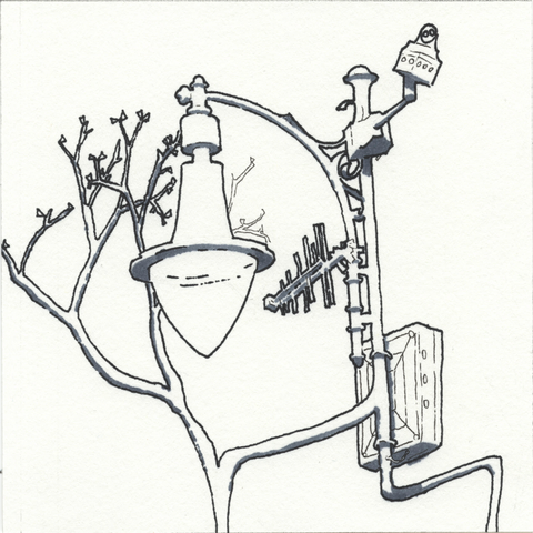 A drawing of a lamppost with a camera, some box and an antenna mounted on it, the lamppost is also a tree somehow??
