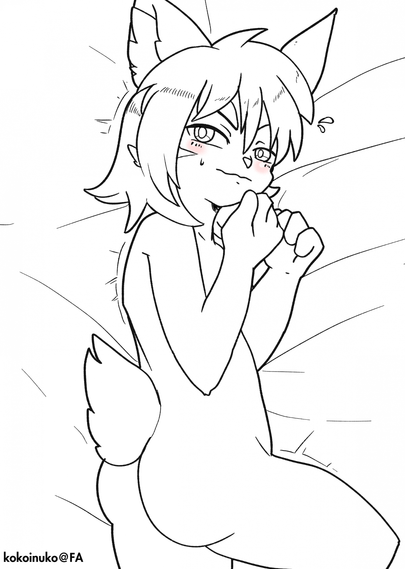colorless drawing of a kemono cat with long hair laying on bed, looking at the viewer and blushing, showing off his butt