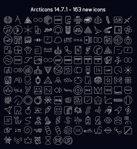 Visual changelog with all the new app icons in a line style. At the top is the text "Arcticons 14.7.1 - 163 new icons"