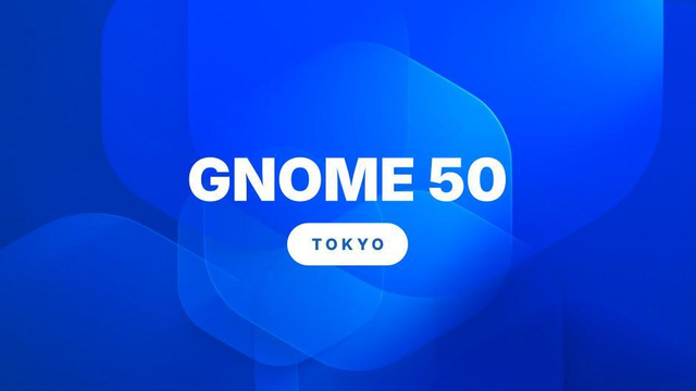 Uma imagem azul com alguns efeitos. Nela tem escrito GNOME 50 Tokyo.