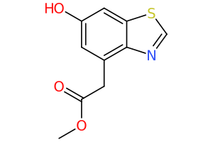 Chemical structure of methyl 2-(6-hydroxy-1,3-benzothiazol-4-yl)acetate displaying atoms and bonds.